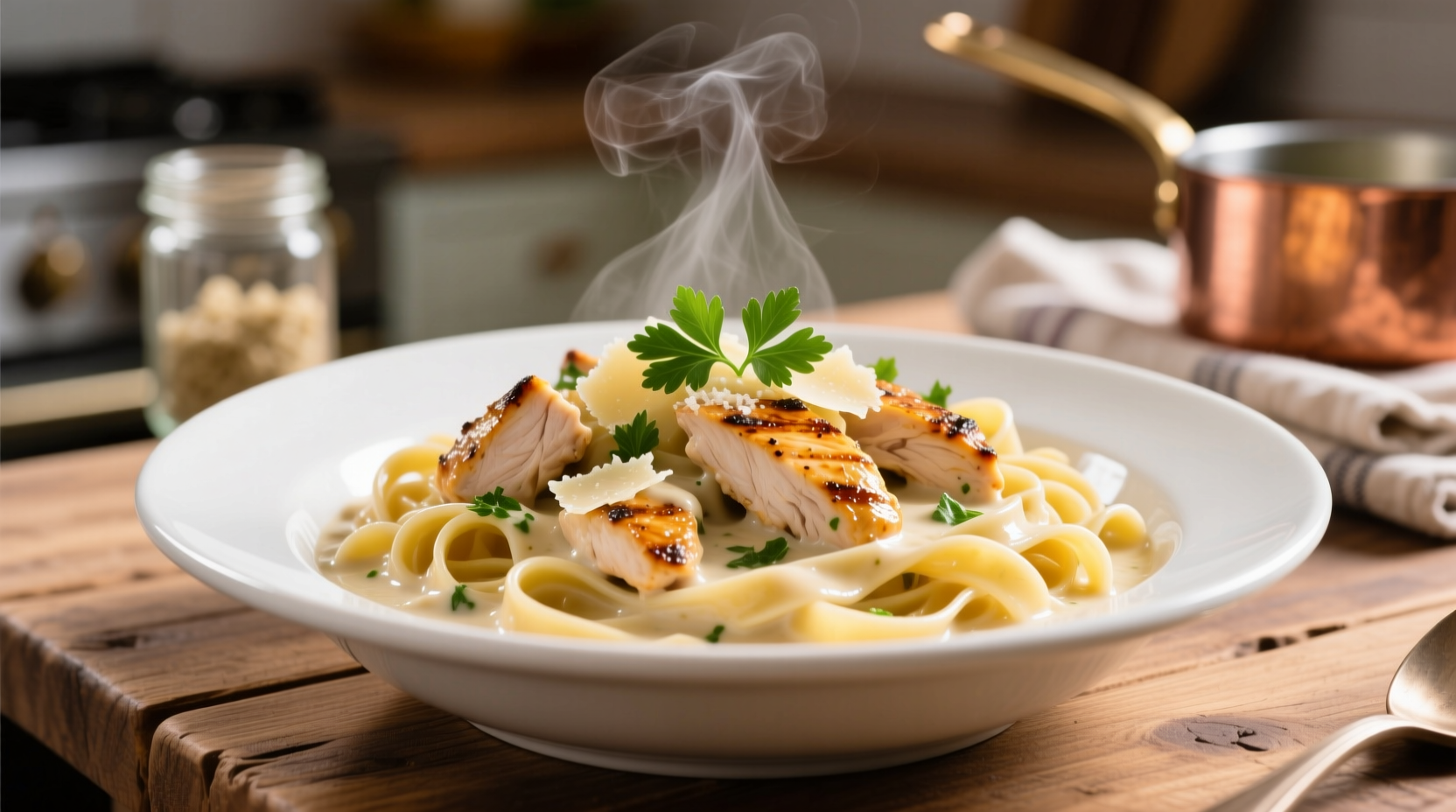 Creamy garlic chicken pasta in white bowl