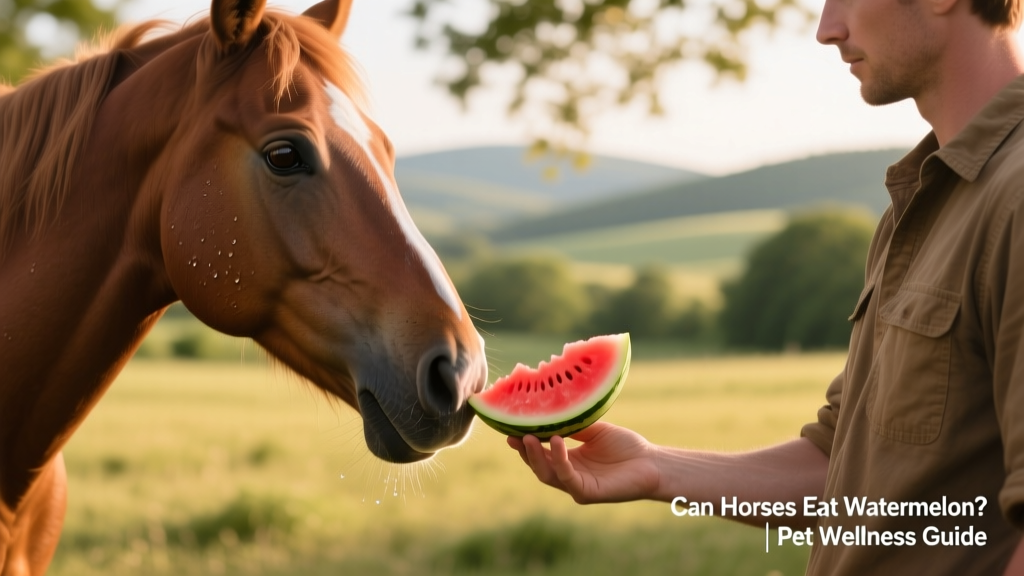 A horse gently eating a small piece of fresh watermelon rind from a handler's hand