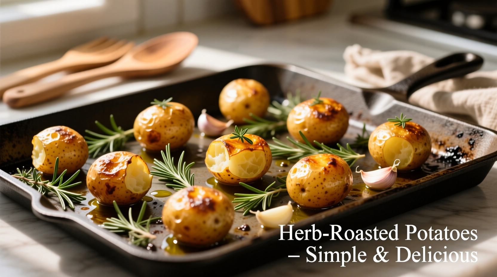 Golden roasted little potatoes with herbs on baking sheet