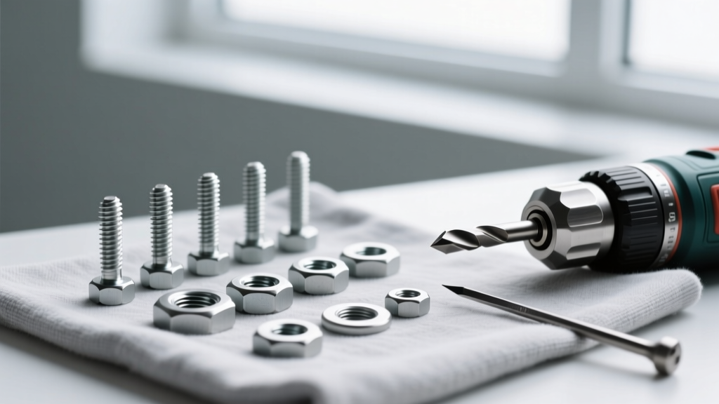 M4 stainless steel screws, washers, and hex nuts on a microfiber cloth next to a precision drill bit and a sharp steel marking awl.