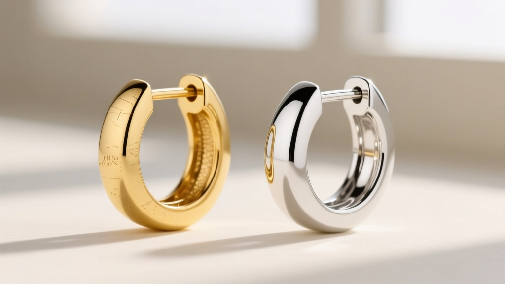 Side-by-side view of a pale yellow gold alloy earring core next to its final rhodium-plated bright white finished appearance.