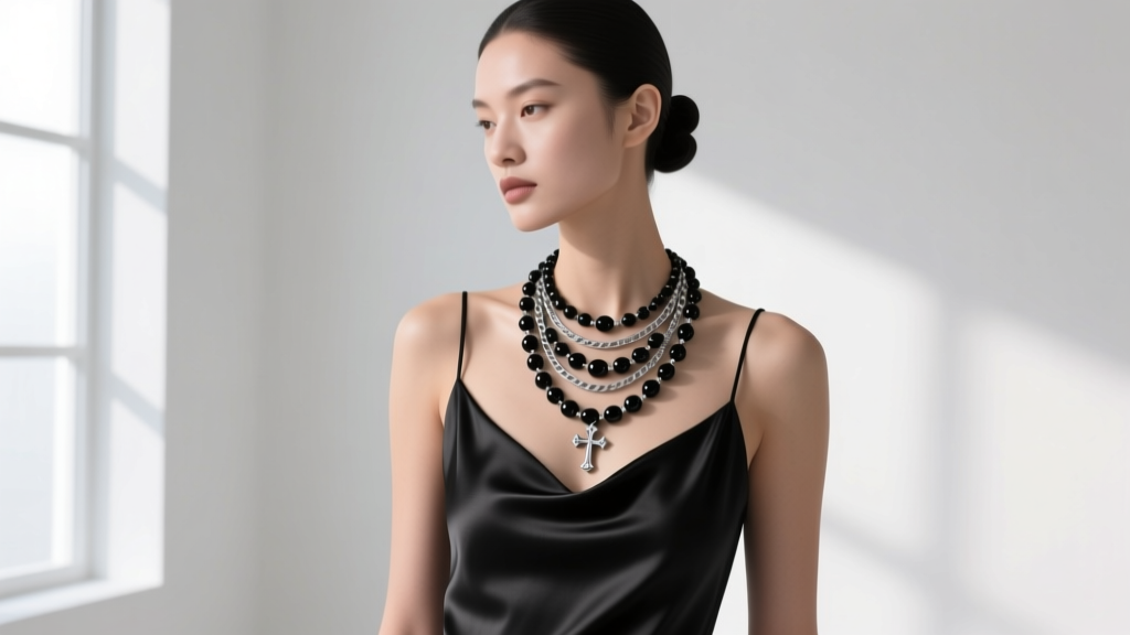 Editorial fashion shot of a model wearing a layered 18-inch black onyx and sterling silver rosary necklace over a silk slip dress