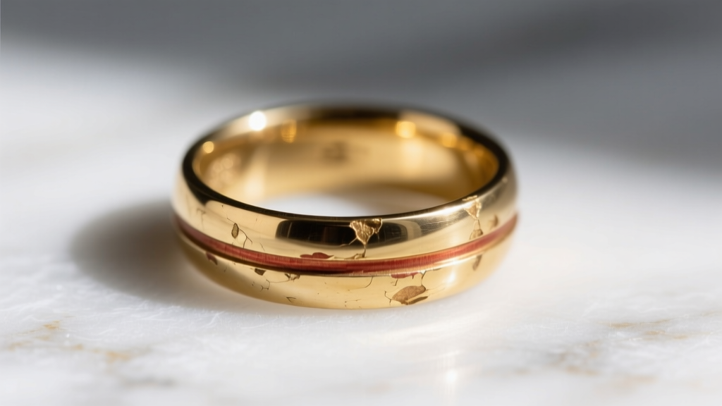 Close-up of a worn gold filled ring on marble, showing slight brass oxidation on the inner band where the gold layer rubbed off