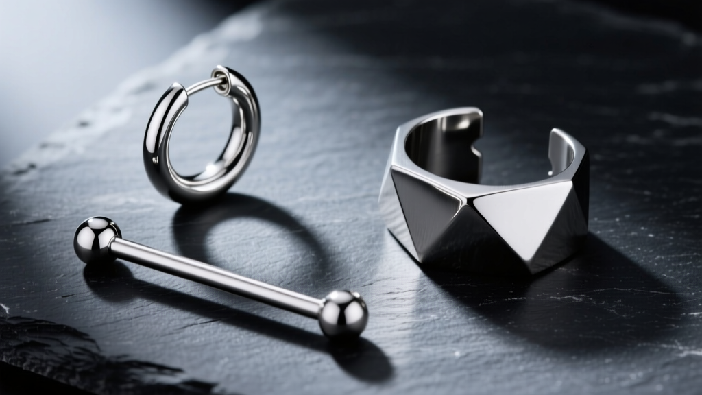 Top-down view of a 14-gauge silver huggie, a minimalist titanium barbell, and a geometric ear cuff resting on dark slate.