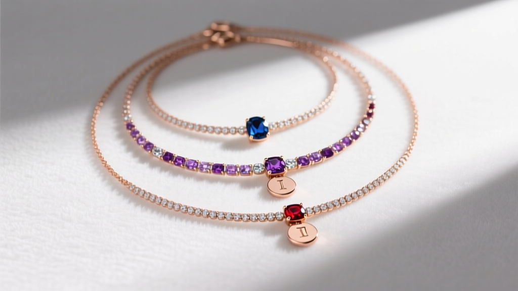 Jewelry display showing three layered necklaces of varying lengths featuring birthstone accents and initial pendants in rose gold.