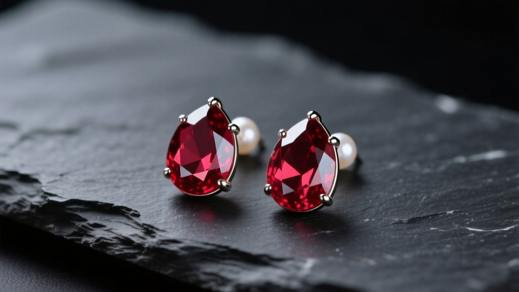 Macro shot of ruby pearl drop earrings on dark slate, showing crimson gemstone and white nacre under soft studio lighting