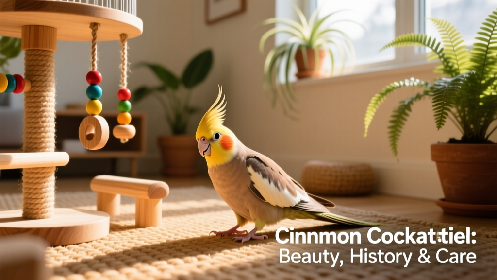 A young Cinnamon Cockatiel exploring a safe, bird-friendly play area with toys, perches, and natural light