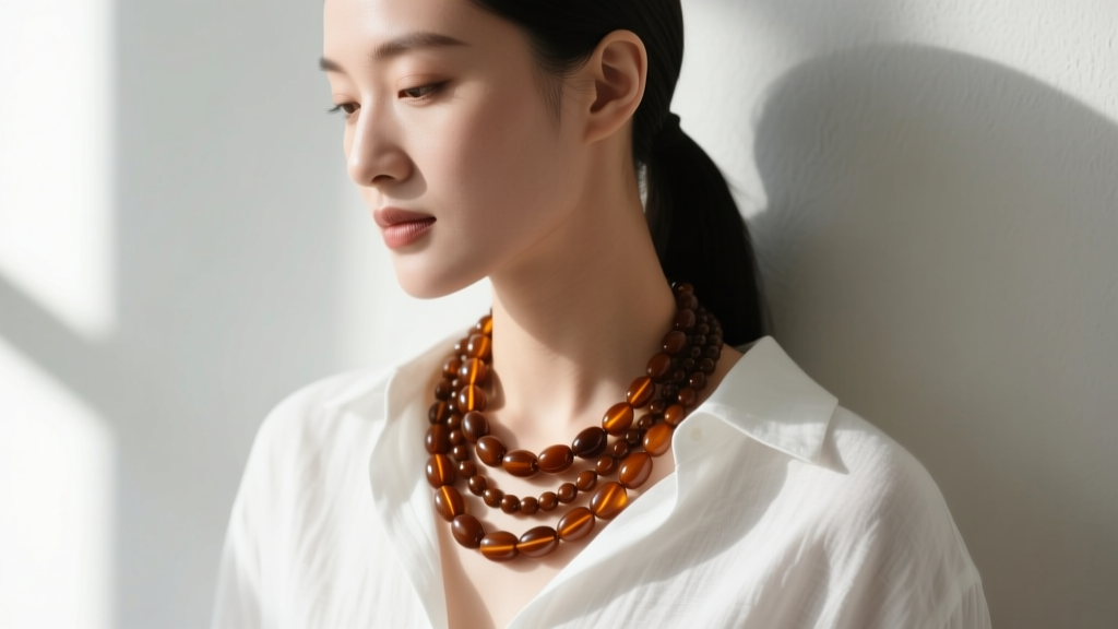 Woman wearing a multi-strand root beer brown bakelite beaded necklace over a white linen shirt, soft natural window lighting