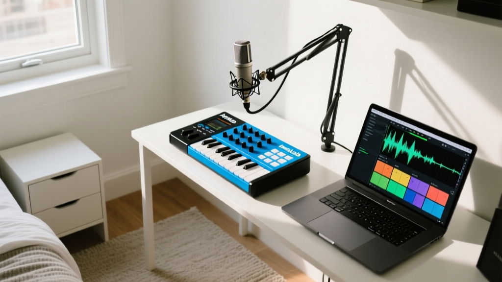 Overhead view of a compact bedroom studio with Arturia MiniLab 3 MIDI controller, open laptop DAW, and budget condenser mic on a boom arm