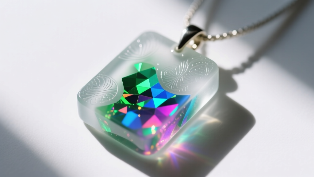 Macro shot of a glassmorphism UV resin pendant showing a frosted matte surface and embedded holographic dichroic film flakes