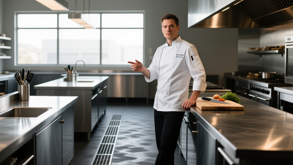 Chef standing on textured dark grey urethane mortar flooring near stainless steel prep tables and trench drains in a commercial kitchen.