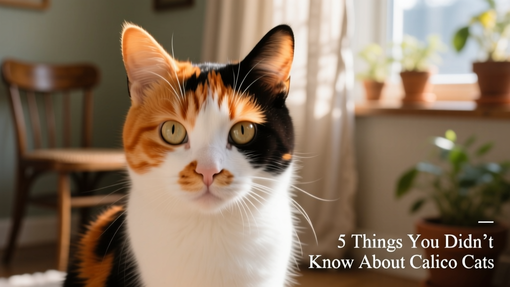 Close-up of a calico cat’s face showing distinct patches of orange, black, and white fur