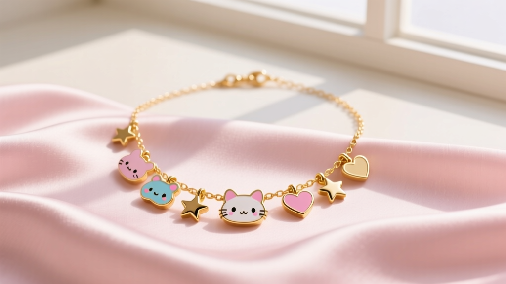 Flat lay of a 2026 modern Harajuku lovers necklace featuring 18k gold vermeil kawaii charms resting on pastel pink silk fabric