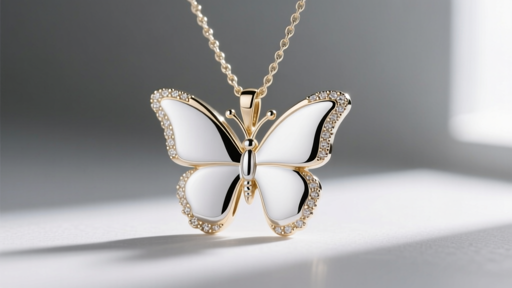 Side profile of a white gold butterfly pendant showing fresh rhodium plating and milgrain detailing along the wing edges.