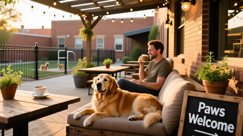 A dog resting comfortably beside their owner at an outdoor table in a cozy, dog-friendly restaurant in Lincoln.