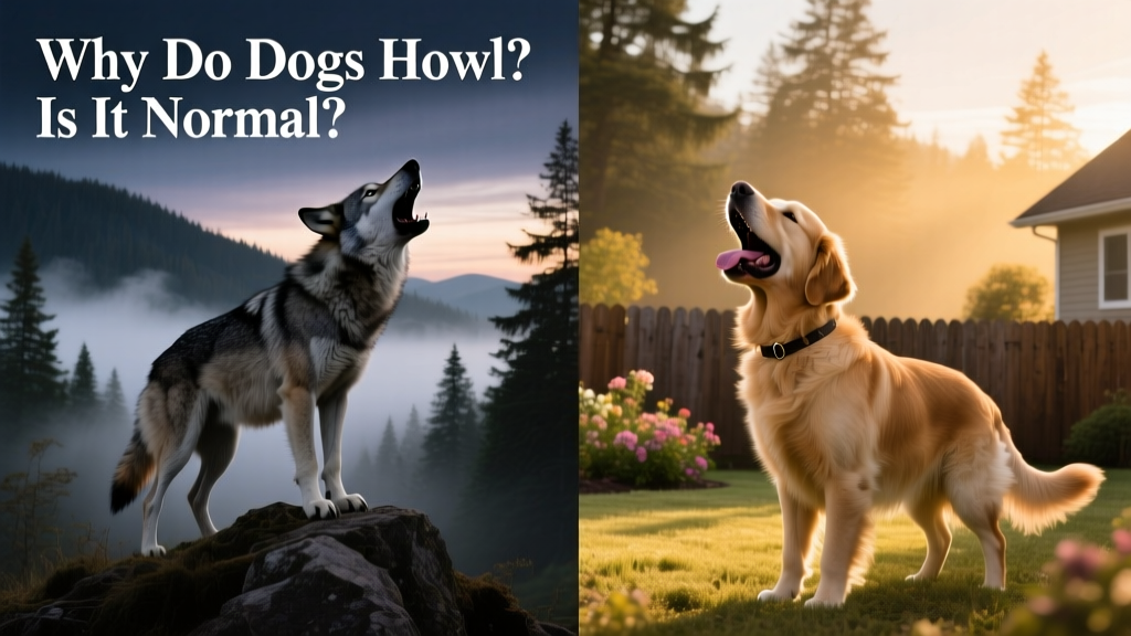 Side-by-side comparison of a wolf howling in the wild and a domestic dog howling in a backyard