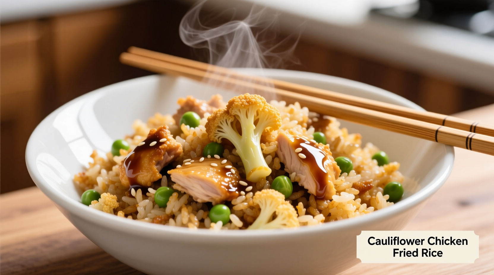 Cauliflower chicken fried rice in white bowl with chopsticks