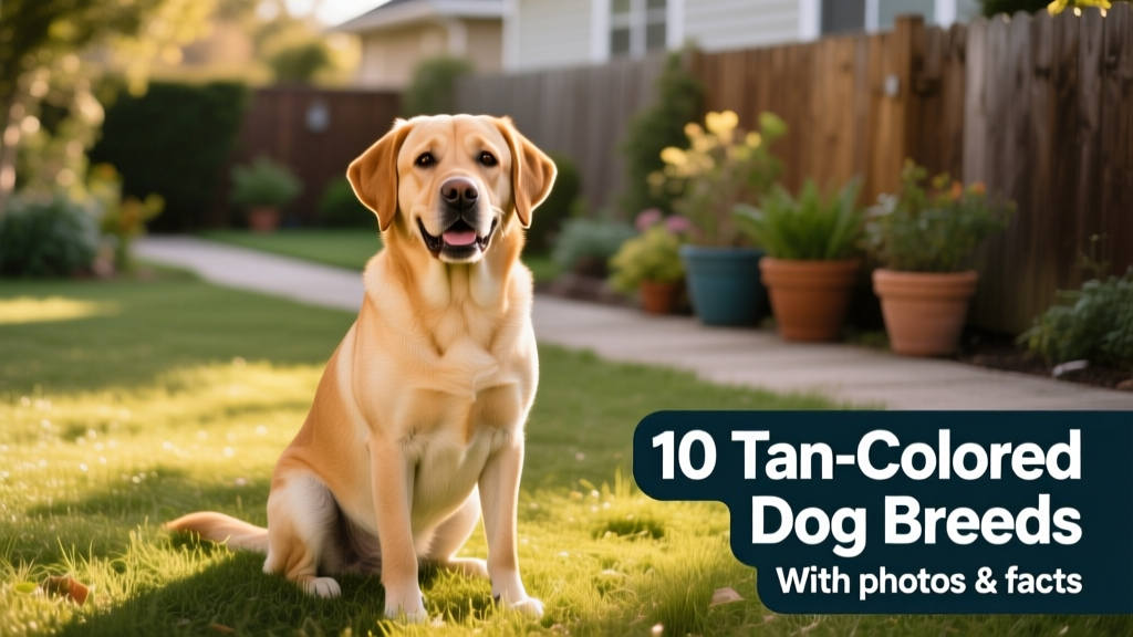 A friendly tan-colored Labrador Retriever sitting on grass, looking alert and happy