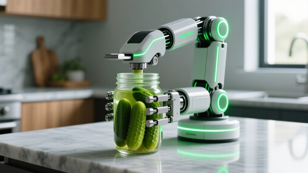 RoboTwist automated jar opener gripping a glass pickle jar on a granite countertop with glowing green LED lights during torque engagement