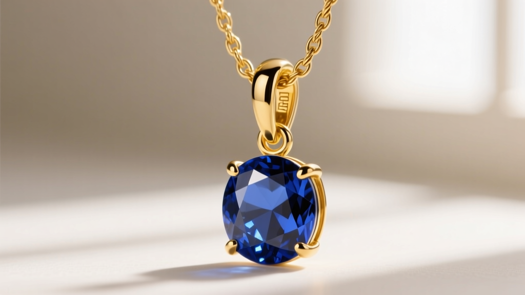 Extreme macro photography of a polished 14k yellow gold standard loop bail connecting a delicate cable chain to a sapphire pendant