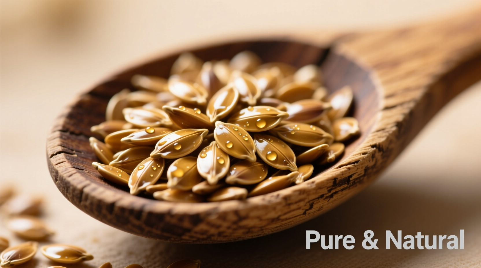 Close-up of golden flax seeds in wooden spoon