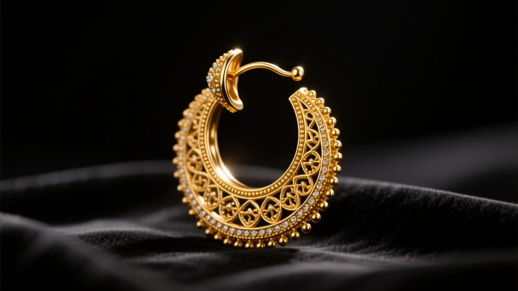Heavy 22k gold traditional Indian jhumka earring with intricate granulation resting on dark velvet under warm studio lighting