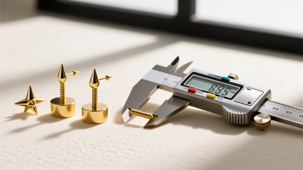 Flat lay of gold spike earring backings including screw-backs and flat-back labrets, beside a digital caliper measuring the post