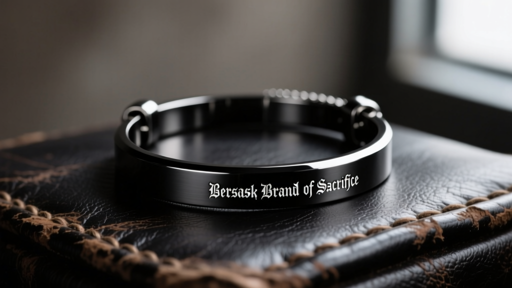 Close-up of a matte black stainless steel Berserk Brand of Sacrifice necklace resting on dark weathered leather, moody lighting.