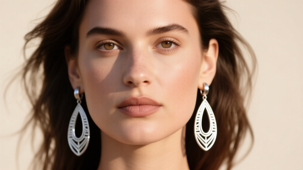 Profile of a woman with a round face wearing elongated teardrop silver tribal hoops to visually lengthen and balance her jawline.