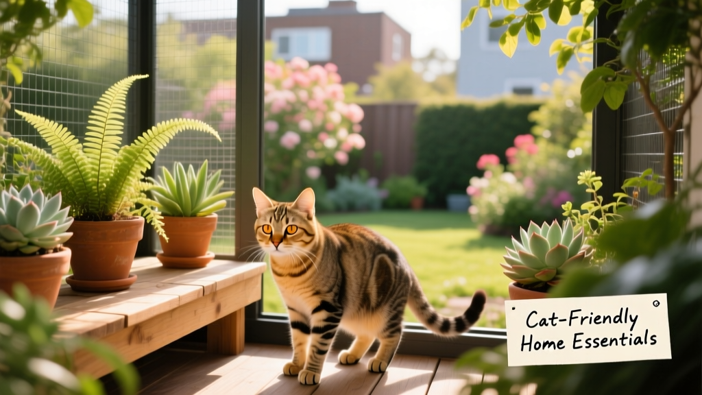 A cat exploring a catio with mesh walls, plants, and a perch overlooking a garden
