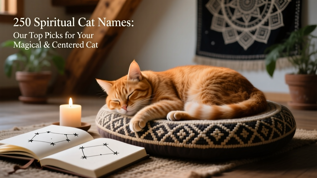 A ginger cat napping on a woven meditation cushion beside a lit candle and open journal with sketches of constellations