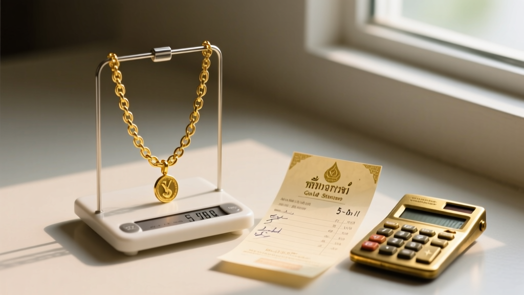 Jewelry scale displaying a 5-baht weight gold chain, next to a traditional Thai gold shop receipt and a small brass calculator.