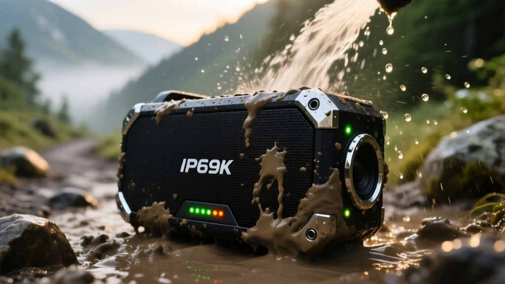 Close-up of an IP69K-rated portable speaker sprayed with high-pressure water and mud during an extreme outdoor durability test.