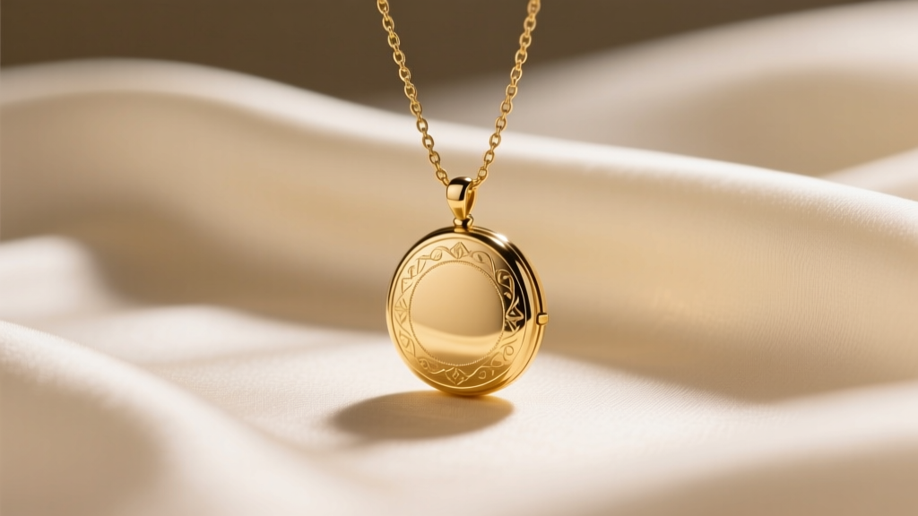 A gold locket hanging like a necklace on a 1.2mm box chain, placed on cream silk, lit by soft, warm, directional studio lighting.