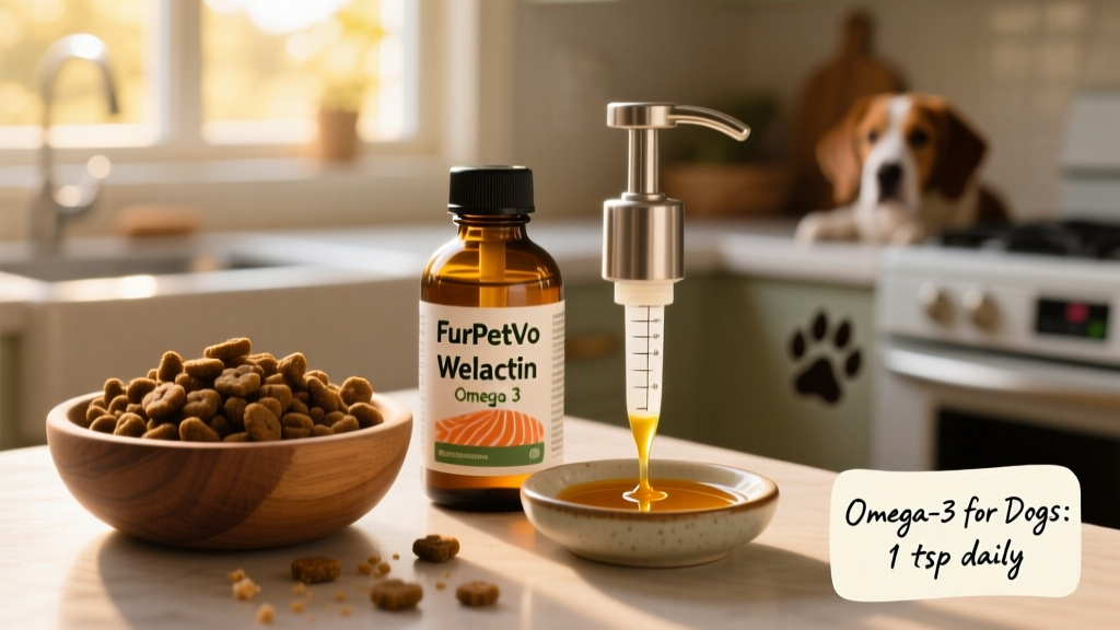 Bottle of FurPetVo Welactin Omega-3 liquid supplement next to a measuring pump and small dish of salmon oil drizzled over kibble