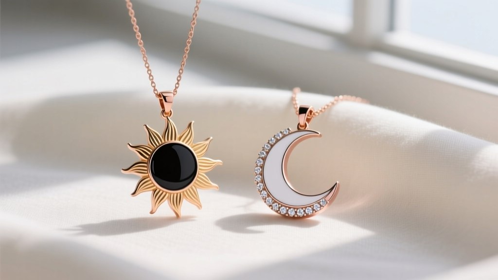 Flat lay of sun and moon couple necklaces featuring black enamel inlays, rose gold vermeil, and white gold with diamond accents.
