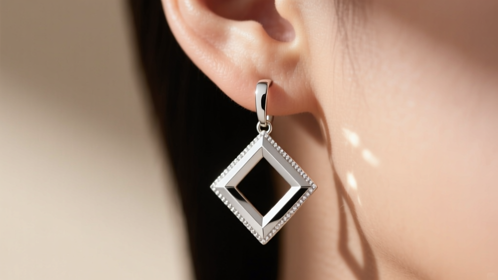Close-up of an Argentium silver square drop earring with micro-beveled edges, suspended from an ear lobe to show geometric drape.