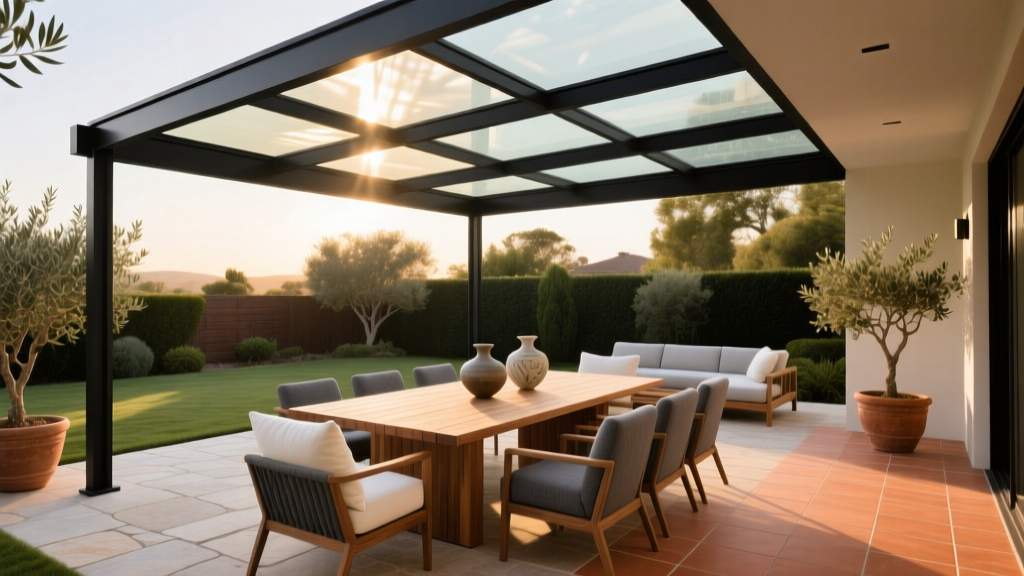 Modern backyard pergola featuring multi-wall polycarbonate roof panels filtering sunlight over a luxury outdoor dining set and stone patio
