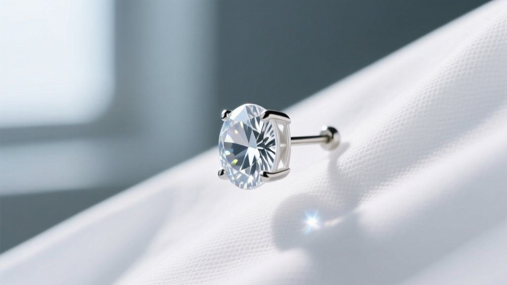 Close-up of a translucent 16-gauge bioflex earring stud with a clear gem, resting on a sterile medical drape under bright light.