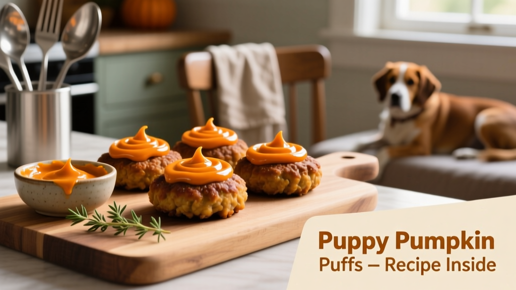 Finished Puppy Pumpkin Puffs: flat turkey patties topped with a swirl of orange pumpkin puree
