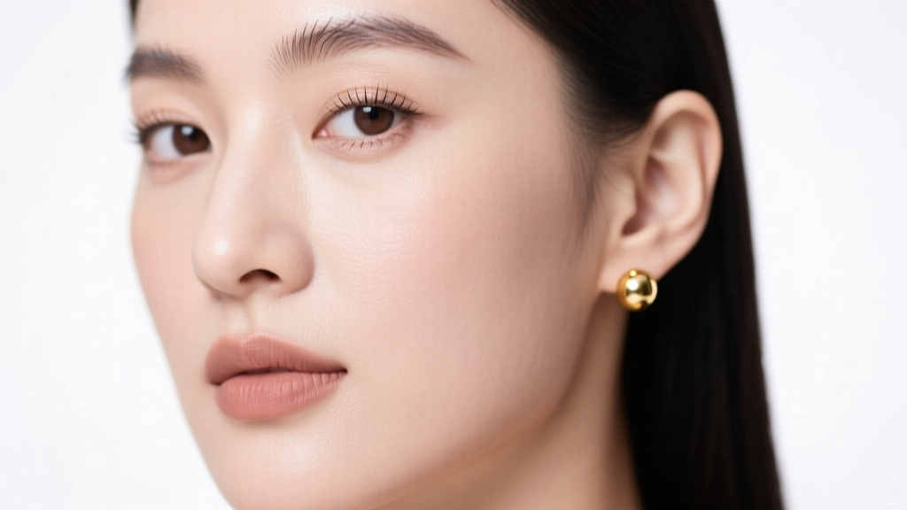 Close-up of a woman wearing small 14k gold ball stud earrings against a plain white background, facing forward for an ID photo.