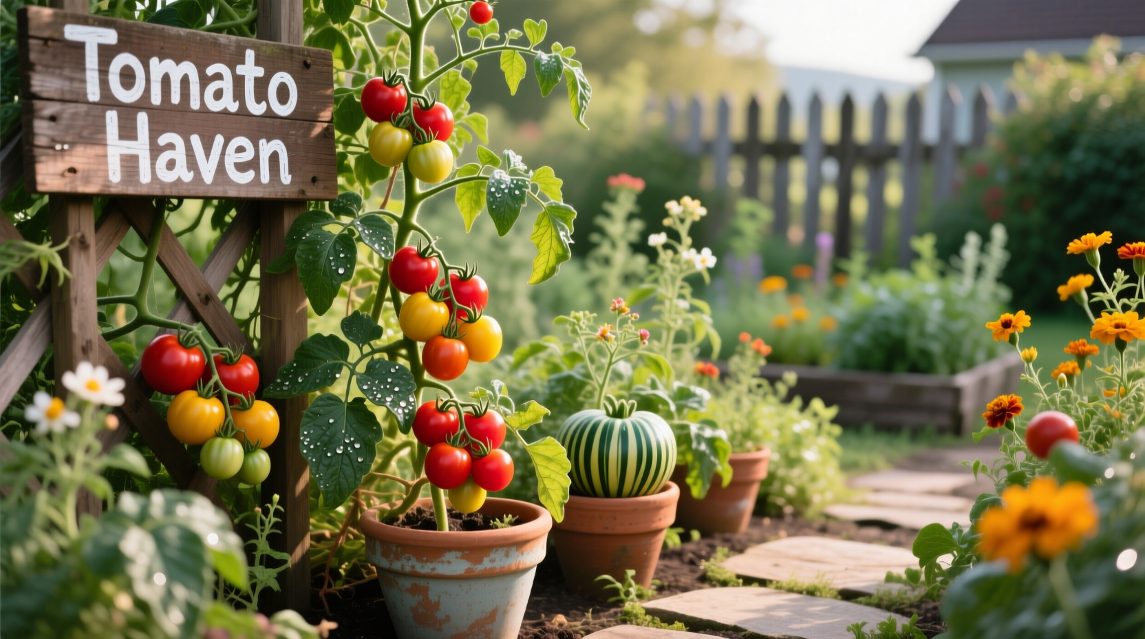 Various tomato plant types growing in garden