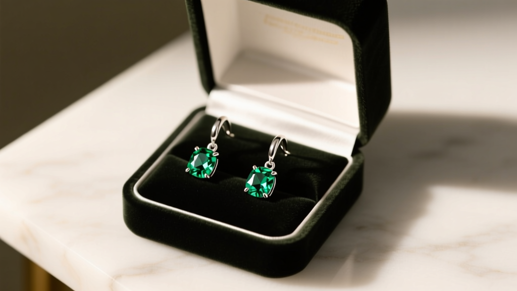 Open velvet box on marble revealing sterling silver drop earrings with faceted green tsavorite gemstones under soft warm lighting.