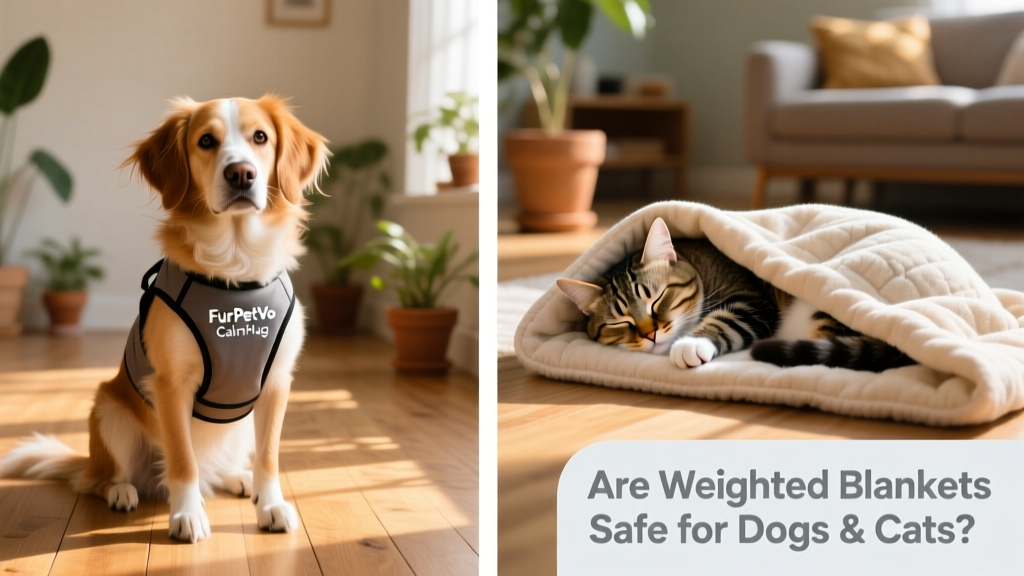 Side-by-side comparison of a FurPetVo CalmHug vest on a medium-sized dog and a FurPetVo Soothe Blanket draped gently over a sleeping cat