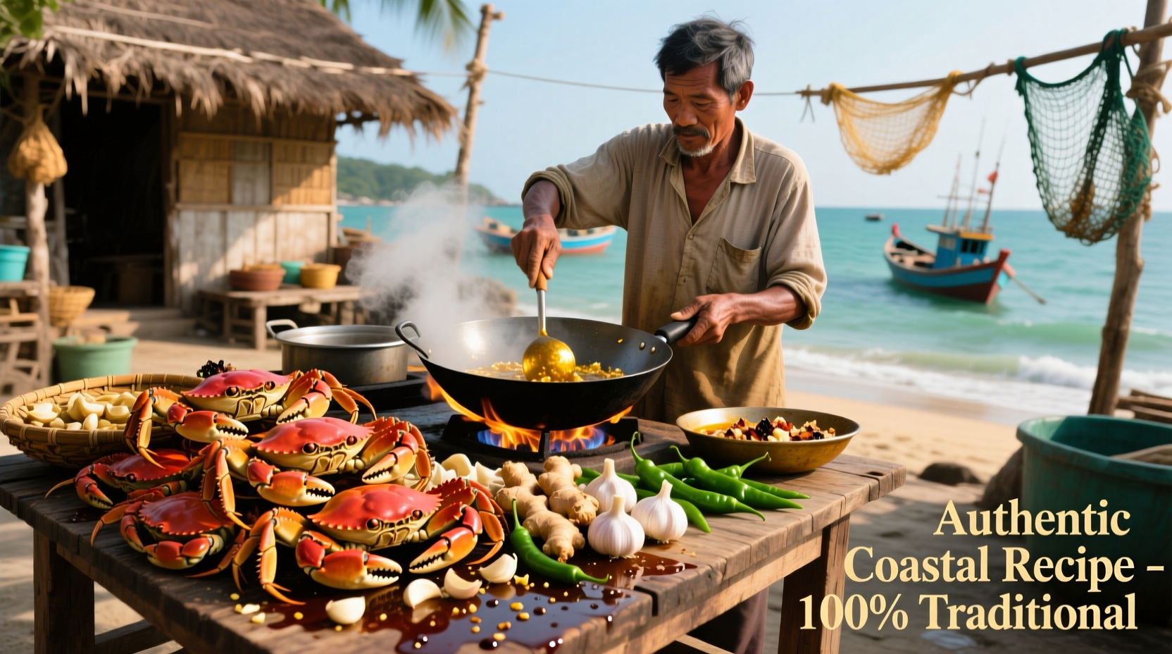 Traditional garlic crab preparation in coastal community
