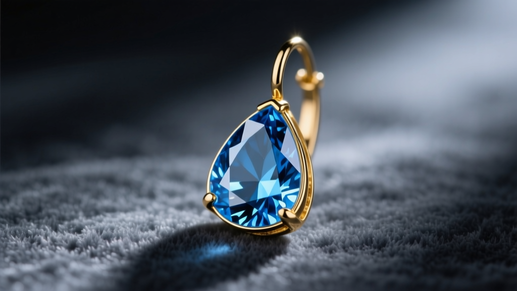 Macro of a pear-cut blue topaz drop earring in a gold bezel setting against soft velvet, highlighting the gems crisp clarity.
