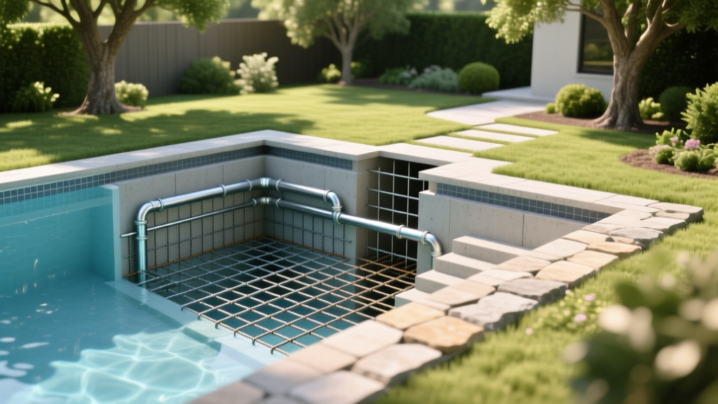 Cross-section architectural rendering of an inground gunite swimming pool showing steel rebar grid, plumbing lines, and coping stones in a landscaped backyard