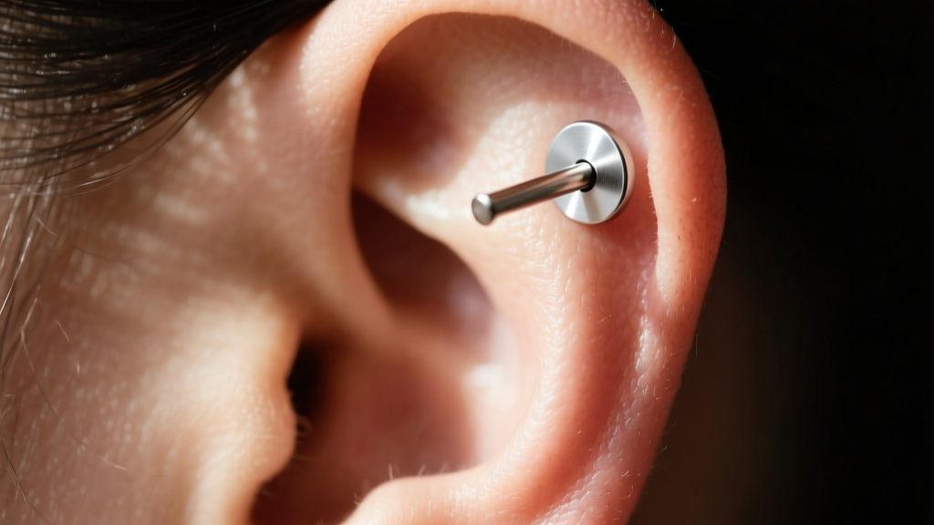 Macro side view of an earlobe wearing an 18-gauge, 6mm titanium stud, showing the exact gap between skin and the flat disc backing.