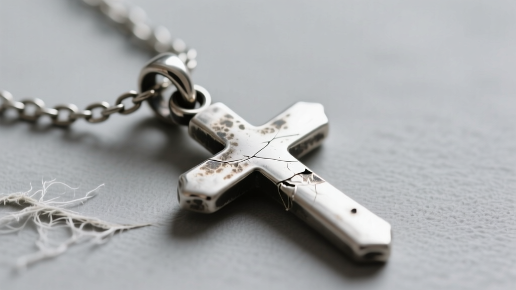 Close-up of a tarnished sterling silver cross pendant resting on a frayed 1mm box chain, highlighting wear near the bail loop