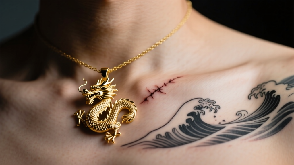 Macro shot of an 18k gold dragon pendant on the collarbone, next to a healed Japanese wave tattoo in soft, moody studio lighting